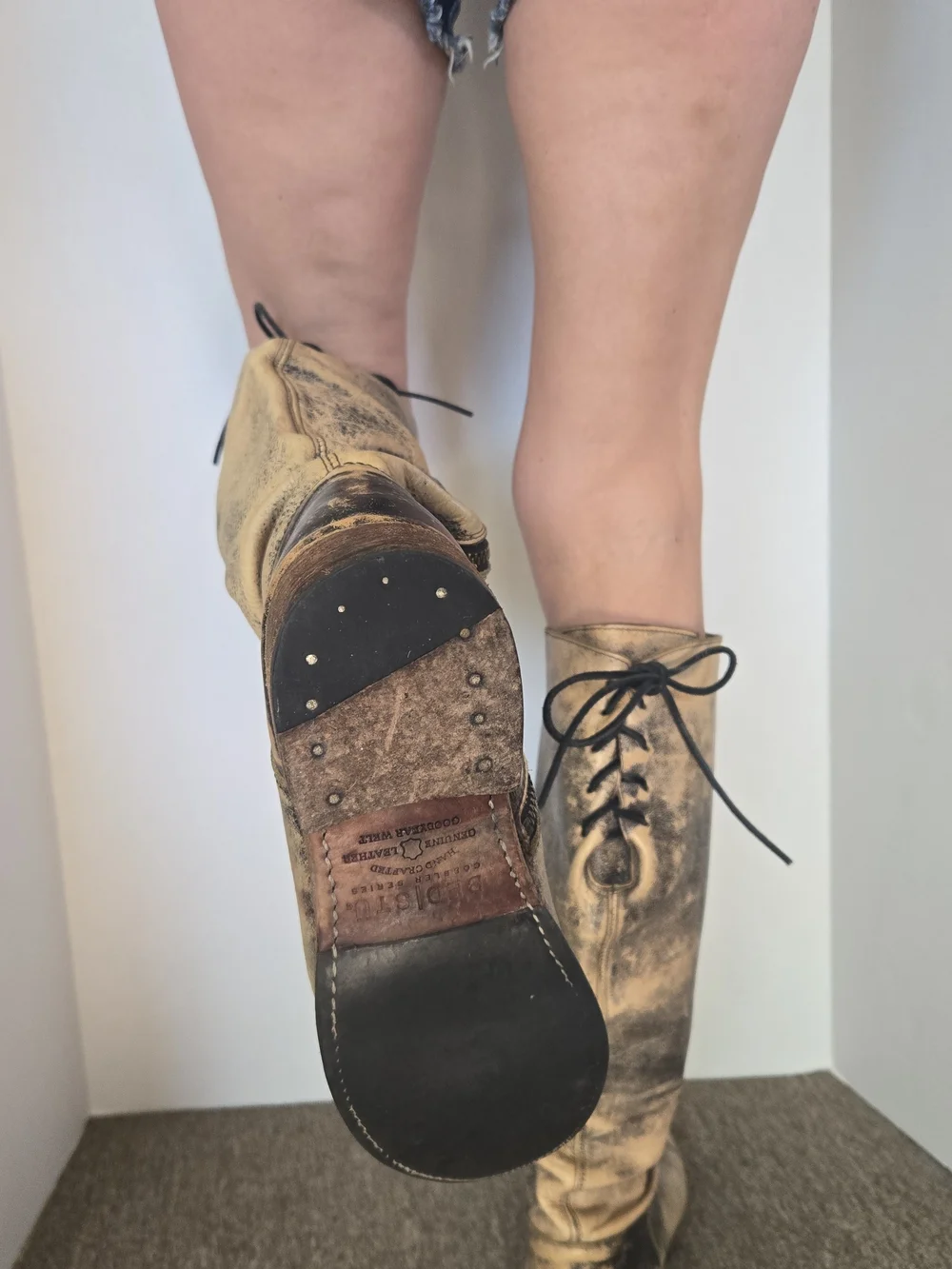 BED|STU Distressed Tan and Black-Wash Over-the-Knee Leather Boots